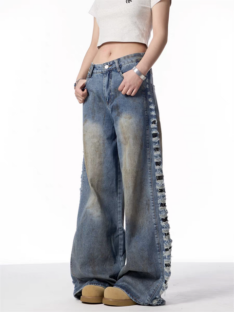 GKIKZ DISTRESSED WIDE-LEG DENIM JEANS