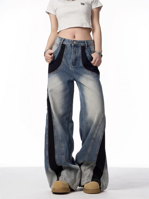 Vintage Patchwork Wide-Leg Denim Jeans