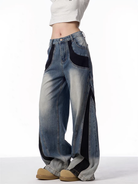 Vintage Patchwork Wide-Leg Denim Jeans