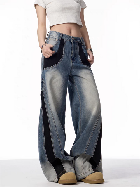 Vintage Patchwork Wide-Leg Denim Jeans