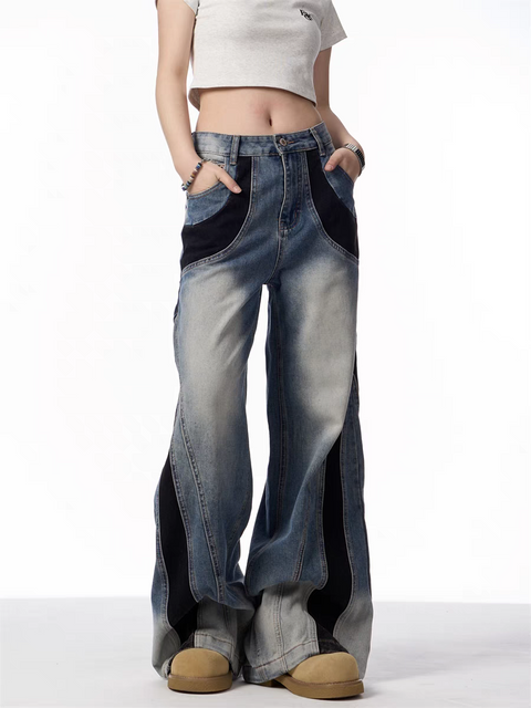 Vintage Patchwork Wide-Leg Denim Jeans