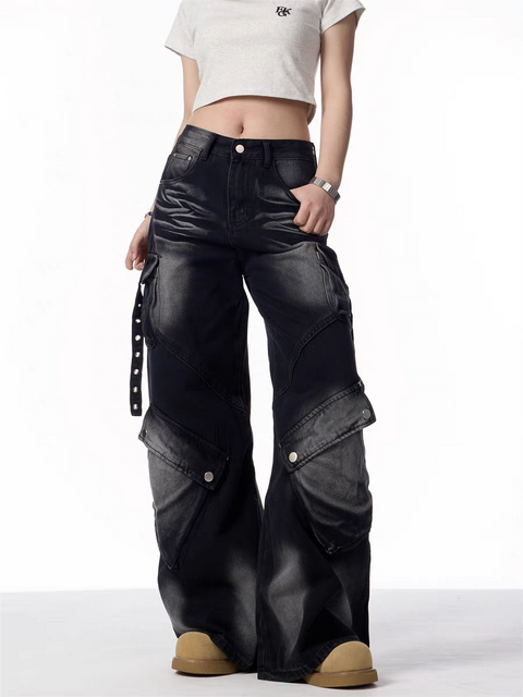 GKIKZ BLACK CARGO WIDE-LEG JEANS