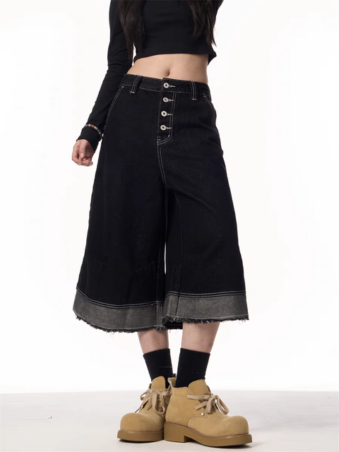 Vintage Black Wide-Leg Cropped Denim Jorts