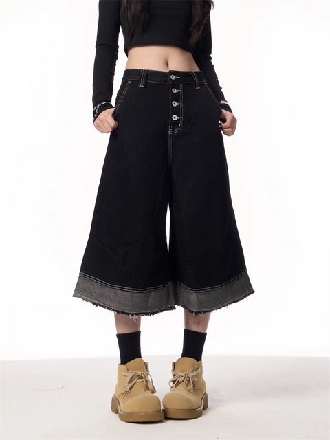 Vintage Black Wide-Leg Cropped Denim Jorts