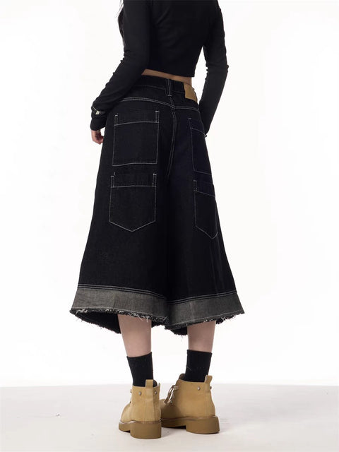 Vintage Black Wide-Leg Cropped Denim Jorts