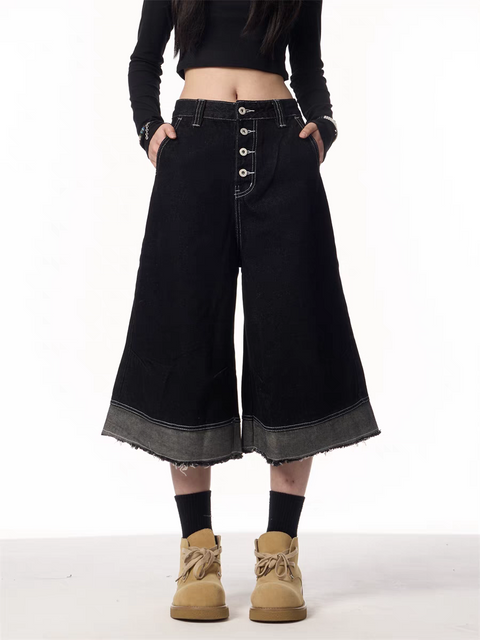 GKIKZ VINTAGE BLACK WIDE-LEG CROPPED DENIM JORTS