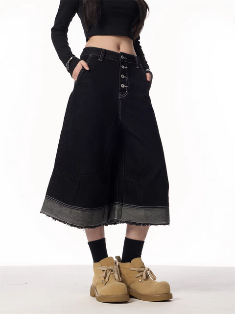 Vintage Black Wide-Leg Cropped Denim Jorts