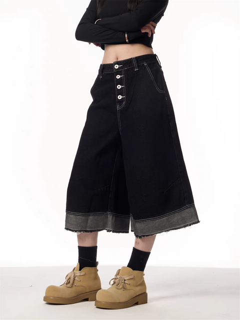 Vintage Black Wide-Leg Cropped Denim Jorts