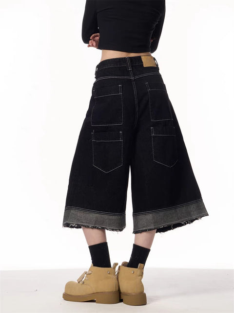 Vintage Black Wide-Leg Cropped Denim Jorts