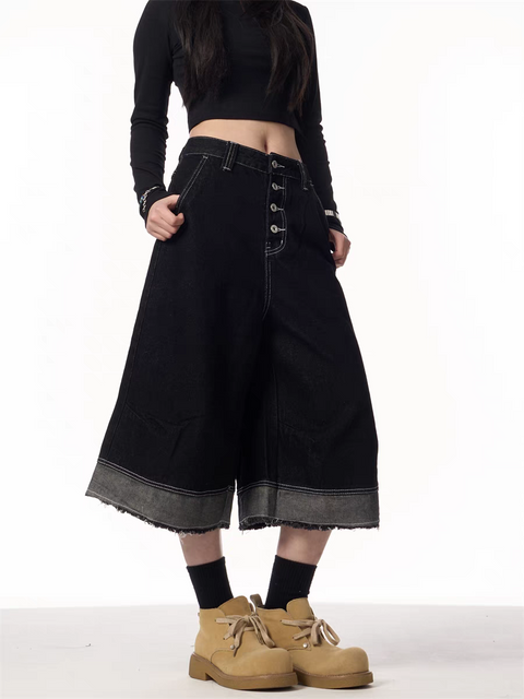 Vintage Black Wide-Leg Cropped Denim Jorts