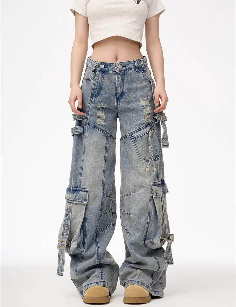 GKIKZ HEAVY-DUTY UTILITY POCKETS DENIM CARGO