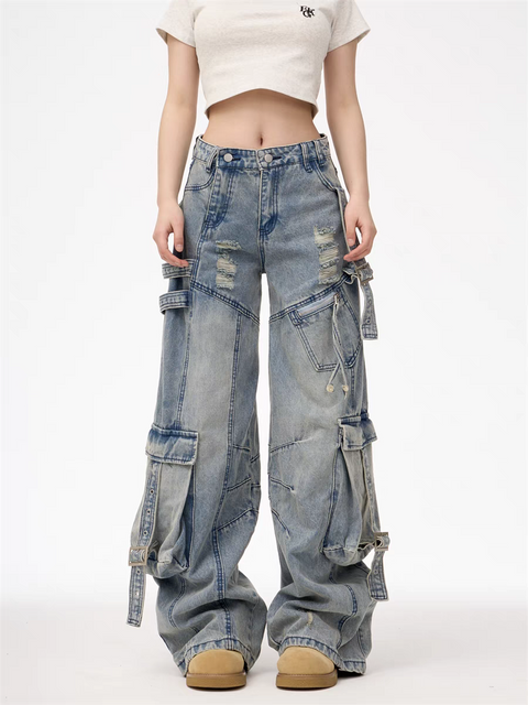 GKIKZ HEAVY-DUTY UTILITY POCKETS DENIM CARGO