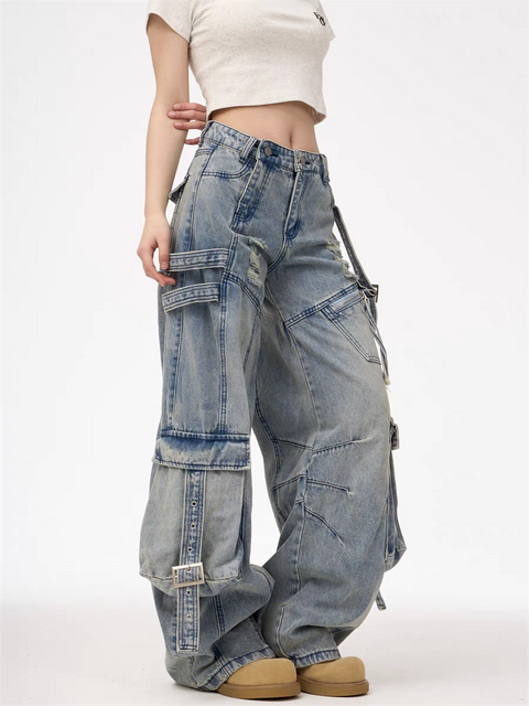 GKIKZ HEAVY-DUTY UTILITY POCKETS DENIM CARGO