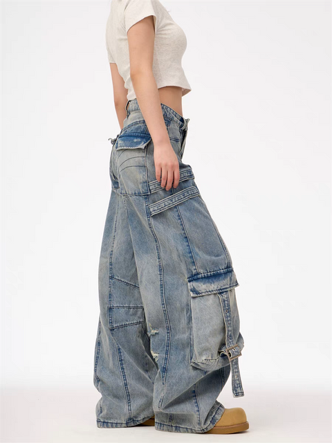 GKIKZ HEAVY-DUTY UTILITY POCKETS DENIM CARGO