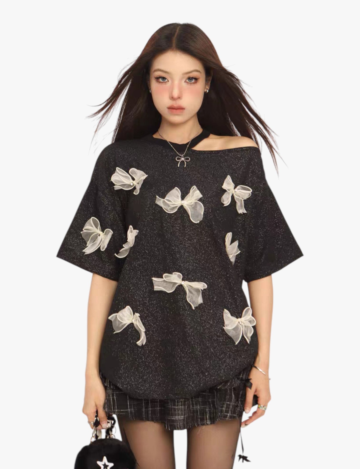 GKIKZ THREE-DIMENSIONAL BOW OFF-SHOULDER TEES