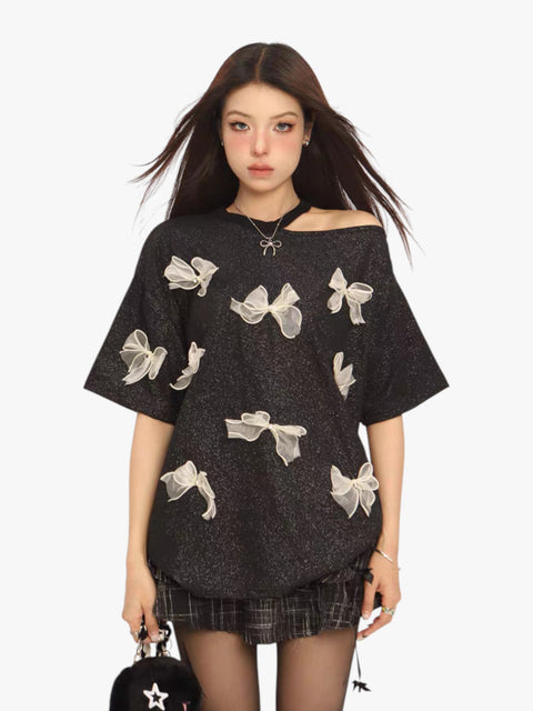 GKIKZ THREE-DIMENSIONAL BOW OFF-SHOULDER TEES