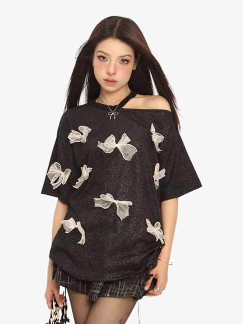 GKIKZ THREE-DIMENSIONAL BOW OFF-SHOULDER TEES