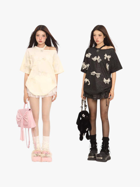 GKIKZ THREE-DIMENSIONAL BOW OFF-SHOULDER TEES