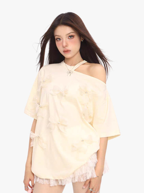 GKIKZ THREE-DIMENSIONAL BOW OFF-SHOULDER TEES