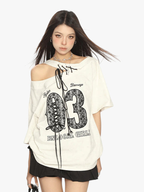 GKIKZ LACE-UP 03 OFF-SHOULDER TEES