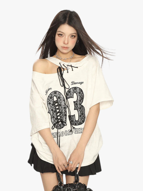 GKIKZ LACE-UP 03 OFF-SHOULDER TEES