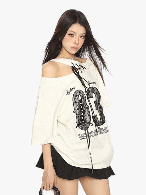 GKIKZ LACE-UP 03 OFF-SHOULDER TEES