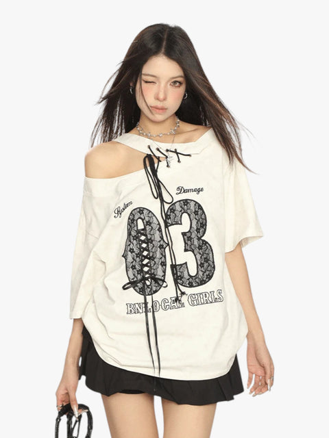 GKIKZ LACE-UP 03 OFF-SHOULDER TEES