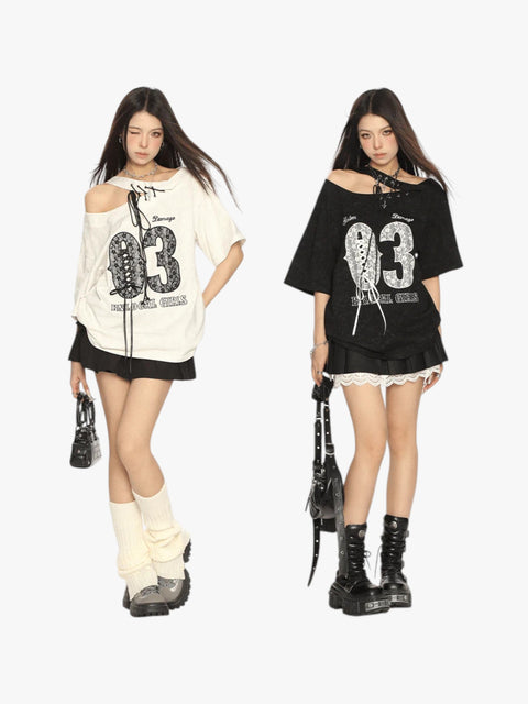 GKIKZ LACE-UP 03 OFF-SHOULDER TEES