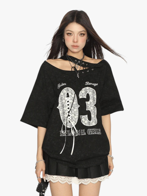 GKIKZ LACE-UP 03 OFF-SHOULDER TEES