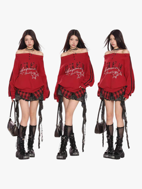 GKIKZ FAKE TWO PIECES OFF-SHOULDER SWEATSHIRT