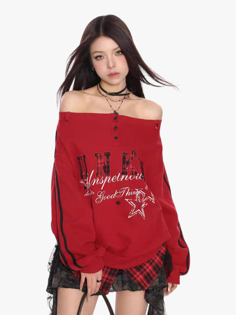 GKIKZ FAKE TWO PIECES OFF-SHOULDER SWEATSHIRT