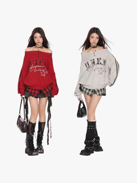 GKIKZ FAKE TWO PIECES OFF-SHOULDER SWEATSHIRT