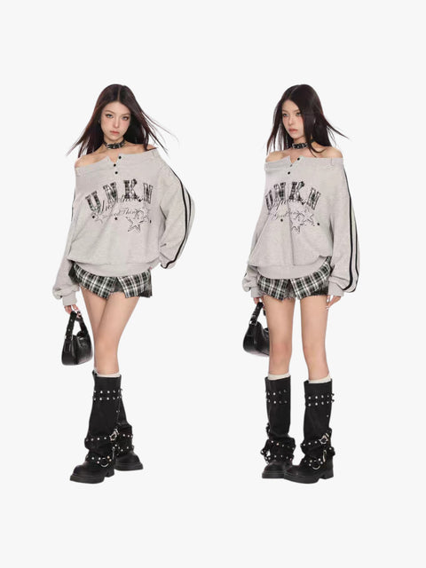 GKIKZ FAKE TWO PIECES OFF-SHOULDER SWEATSHIRT