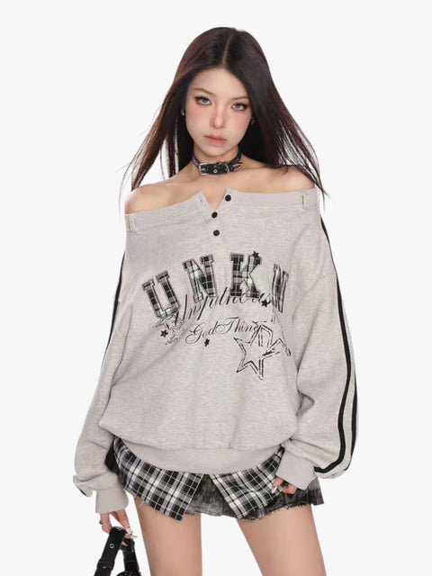 GKIKZ FAKE TWO PIECES OFF-SHOULDER SWEATSHIRT