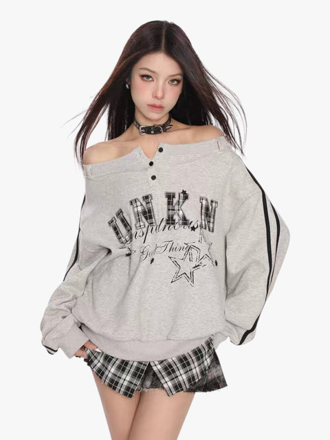 GKIKZ FAKE TWO PIECES OFF-SHOULDER SWEATSHIRT