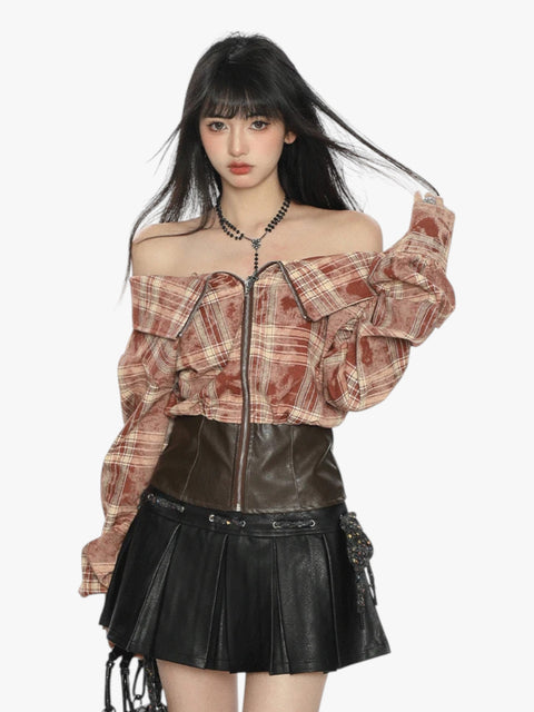 GKIKZ EDGY OFF-SHOULDER PLAID JACKET