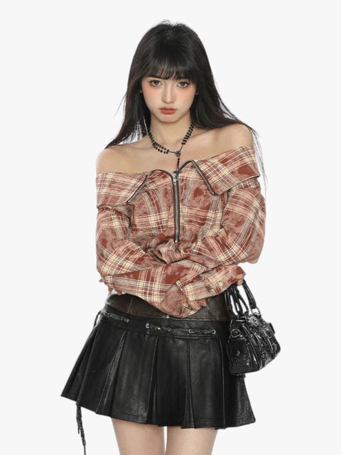 GKIKZ EDGY OFF-SHOULDER PLAID JACKET