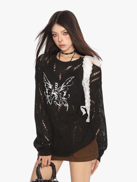 GKIKZ BUTTERFLY DISTRESSED KNIT PULLOVER SWEATER