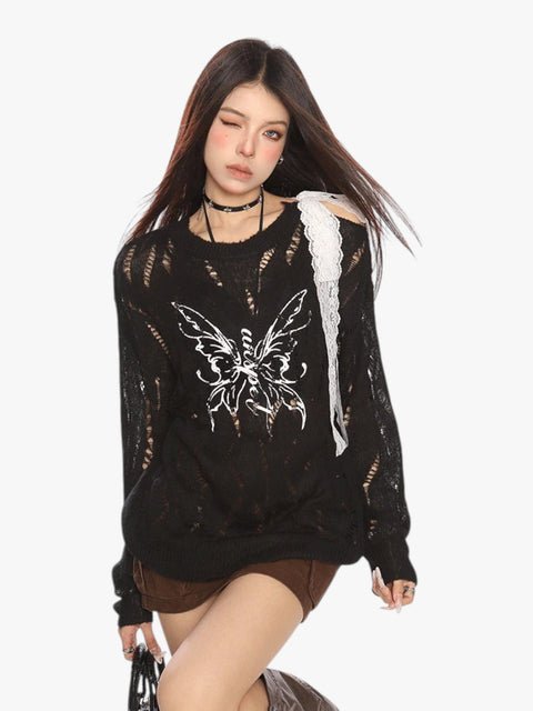 GKIKZ BUTTERFLY DISTRESSED KNIT PULLOVER SWEATER