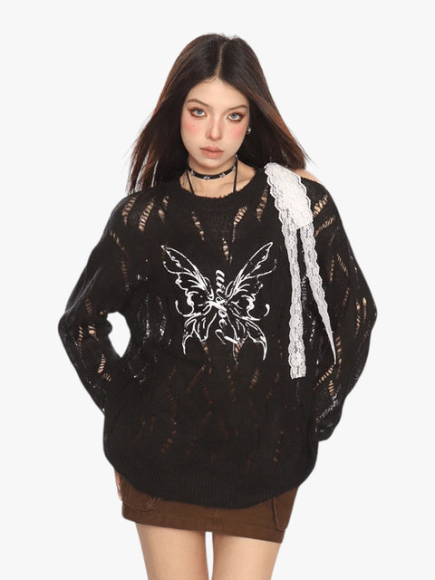 GKIKZ BUTTERFLY DISTRESSED KNIT PULLOVER SWEATER
