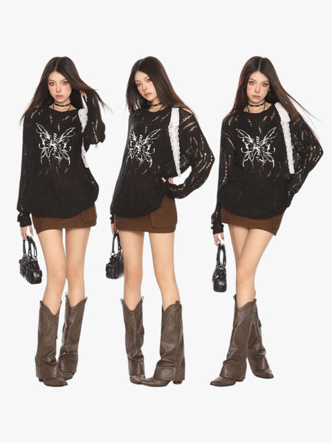 GKIKZ BUTTERFLY DISTRESSED KNIT PULLOVER SWEATER