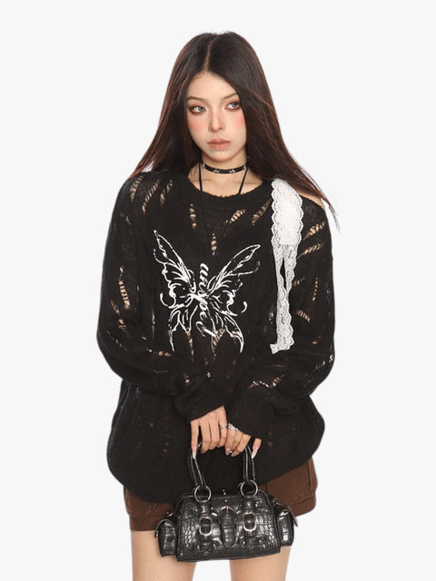 GKIKZ BUTTERFLY DISTRESSED KNIT PULLOVER SWEATER