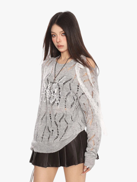 GKIKZ BUTTERFLY DISTRESSED KNIT PULLOVER SWEATER