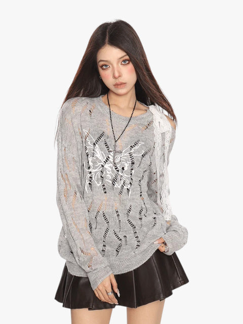 GKIKZ BUTTERFLY DISTRESSED KNIT PULLOVER SWEATER