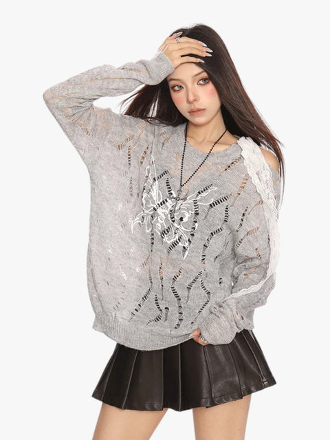 GKIKZ BUTTERFLY DISTRESSED KNIT PULLOVER SWEATER