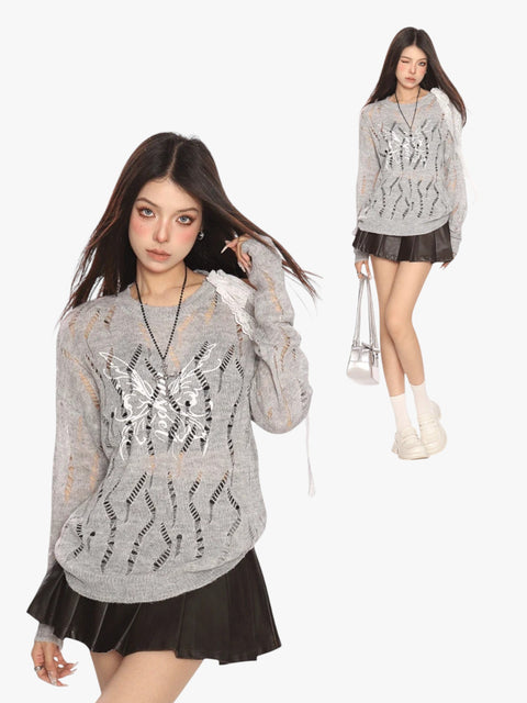 GKIKZ BUTTERFLY DISTRESSED KNIT PULLOVER SWEATER