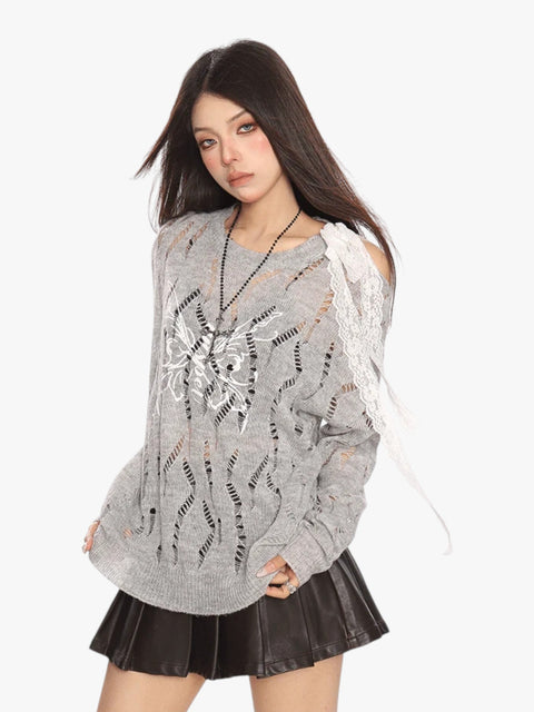 GKIKZ BUTTERFLY DISTRESSED KNIT PULLOVER SWEATER