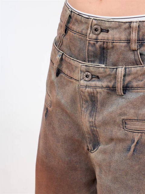 GKIKZ DOUBLE WAISTBAND VINTAGE GRADIENT JEAN PANTS