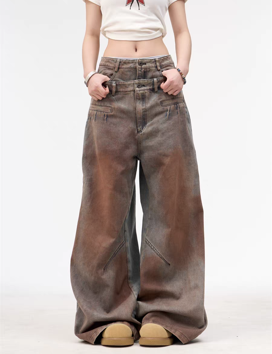 GKIKZ DOUBLE WAISTBAND VINTAGE GRADIENT JEAN PANTS