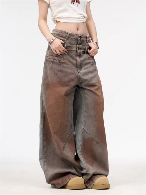 GKIKZ DOUBLE WAISTBAND VINTAGE GRADIENT JEAN PANTS